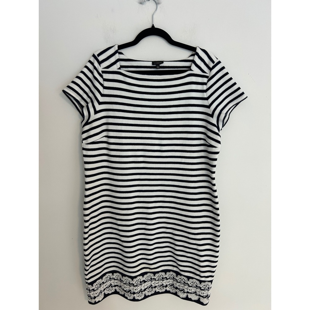 Talbots XL Navy White Striped Pique Sheath Dress Lace Hem Boat Neck Short Sleeve